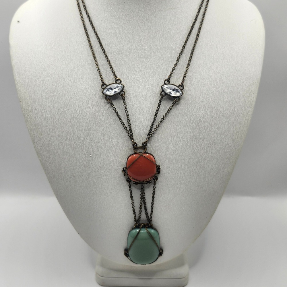 Bohemian Bronze Tone Multi Strand Necklace with Coral and Jade Green Stones